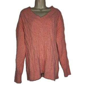 Lucky Brand Chunky Cable Knit Eyelash V neck Sweater Womens L Coral Pink NWT $80